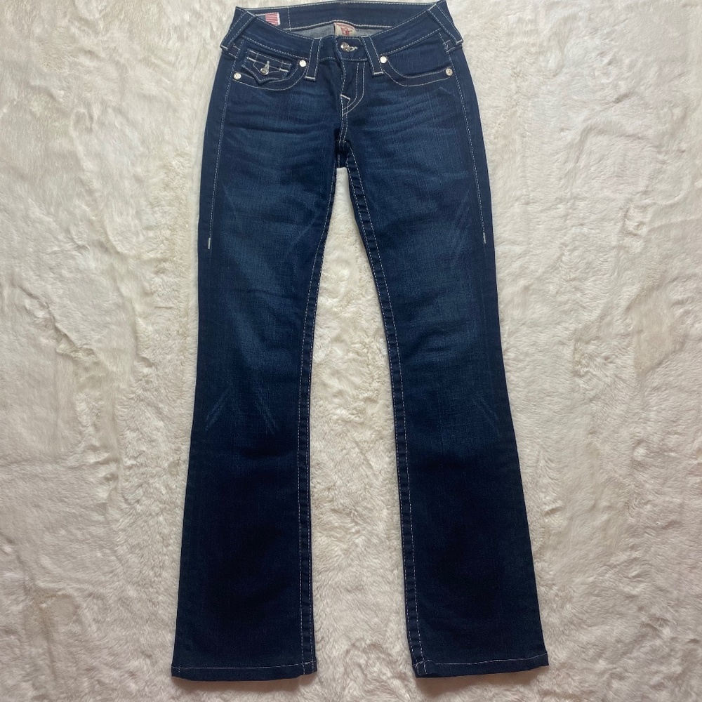 True Religion Dark Washed Jewel Button Low Rise Jeans Women’s size 24